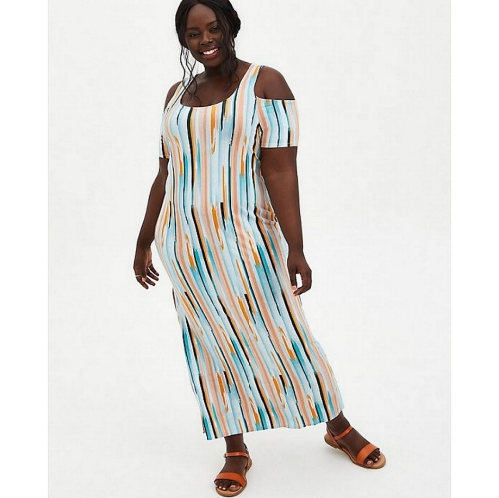 Torrid Super Soft Stripe Cold Shoulder Maxi Dress Women's Plus Size 0x NWT